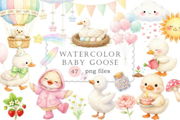 Download Watercolor Baby Goose Spring Clipart PNG - Premium Resources